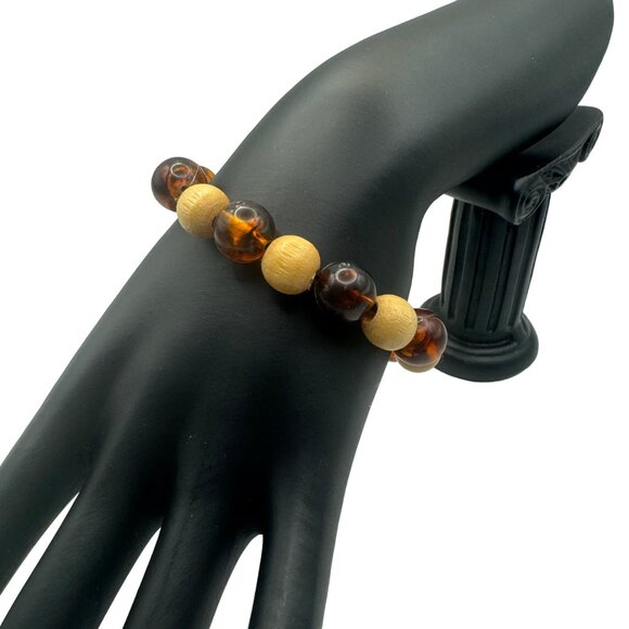 Handcrafted Wood & Resin Beaded Bracelet Stretch Fit Earthy Tones - Picture 3 of 5